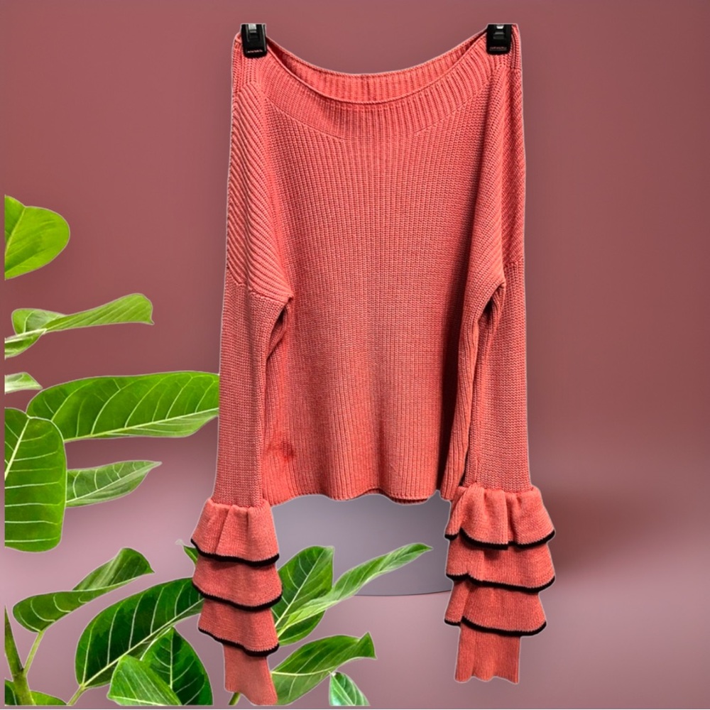 Express Pink Tiered Ruffle Sleeve Rib Knit Sweater